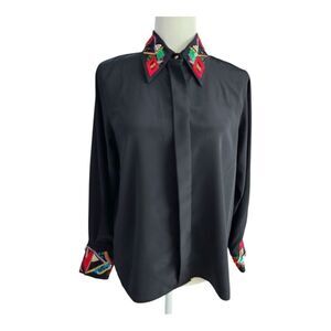 Vintage 80s Yves Saint Clair Black Button Down Embroidered Collar Sequins  10P